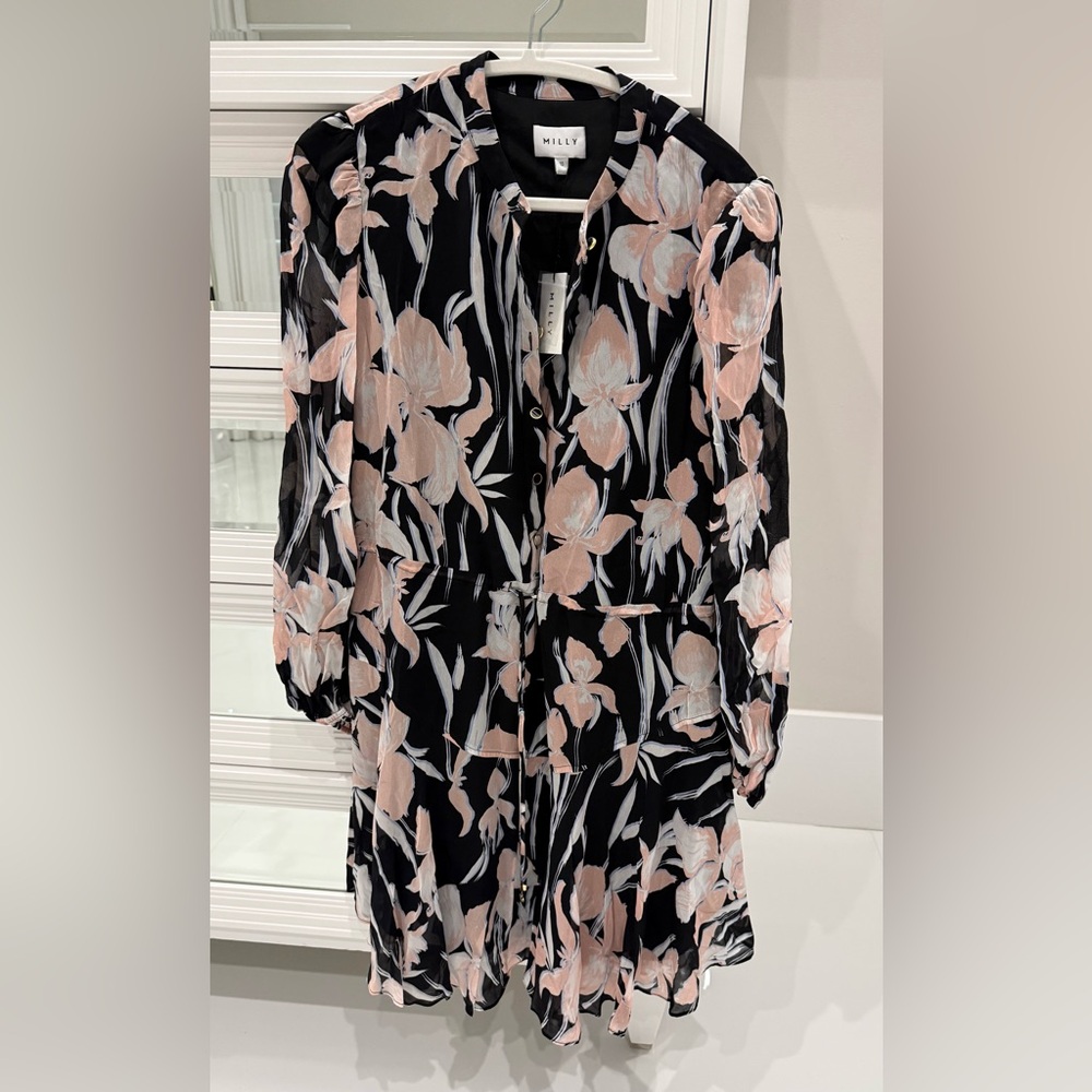 Milly Black and Pink Floral Long Sleeve Dress